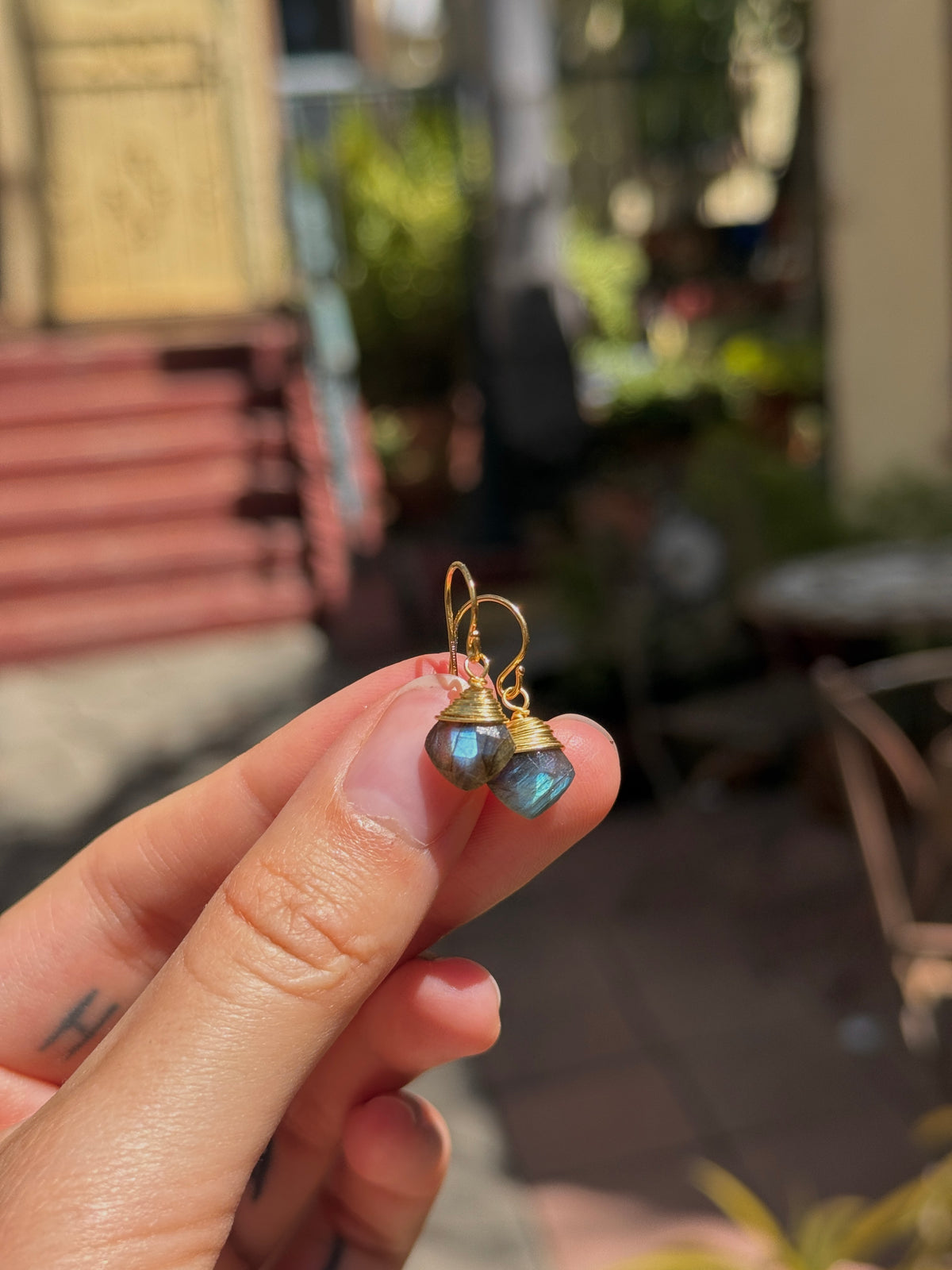 Gold-Wrapped Labradorite Fishhook Earrings